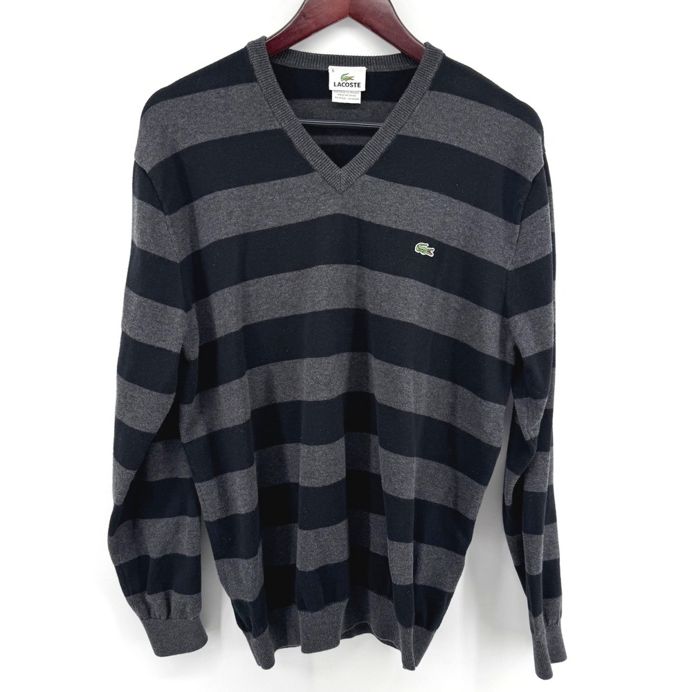 Lacoste V-Neck Sweater Mens 6 XL Black Grey Striped Preppy Dark Academia Minimal